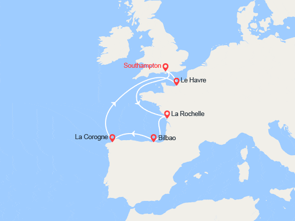 itin&eacute;raire croisi&egrave;re Méditerranée Occidentale : Southampton, La Rochelle, La Corogne, Bilbao, Le Havre 