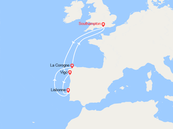 itinéraire croisière Méditerranée Occidentale : Southampton, Vigo, Lisbonne, La Corogne 