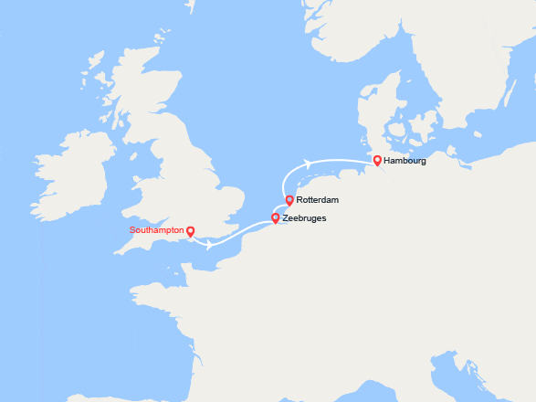 itinéraire croisière Europe du Nord : Southampton, Zeebruge, Rotterdam, Hambourg