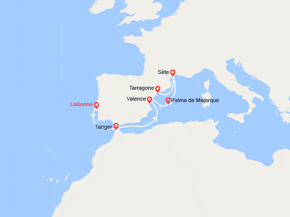 itin&eacute;raire croisi&egrave;re Méditerranée Occidentale : Splendeurs Méditerranéennes : Portugal, Maroc, France, Espagne 
