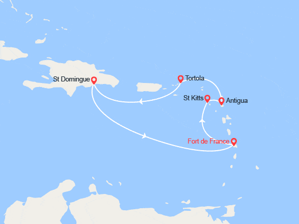 itinéraire croisière Caraïbes et Antilles : St Kitts, Antigua, Tortola, St Domingue