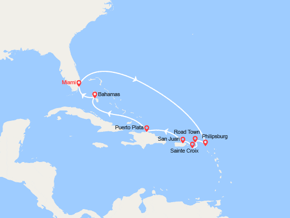 itin&eacute;raire croisi&egrave;re Caraïbes et Antilles : St Maarten, Iles Vierges, Porto Rico, Rép. Dominicaine, Bahamas 
