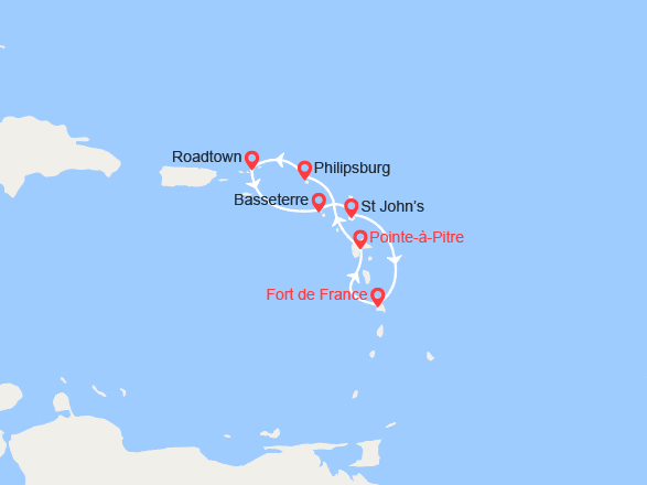 itinéraire croisière Caraïbes et Antilles : St Maarten, Iles Vierges, St Kitts, Antigua