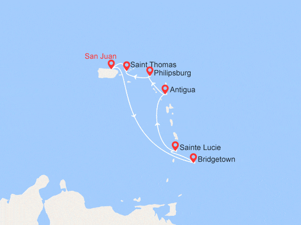 itinéraire croisière Caraïbes et Antilles : St Martin, Antigua, Ste Lucie, la Barbade...