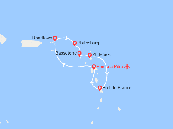 itinéraire croisière Caraïbes et Antilles : St Martin, St Kitts, Antigua...  - Vols inclus 