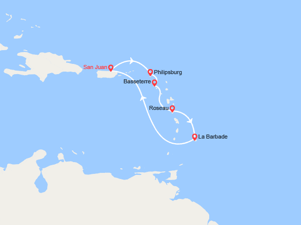 itinéraire croisière Caraïbes et Antilles : St Martin, St Kitts et Nevis, La Dominique, La Barbade