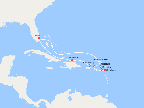 itinéraire croisière Caraïbes et Antilles : St Martin, St Thomas, St Kitts, Antigua, Porto Rico, Rép. Dominicaine