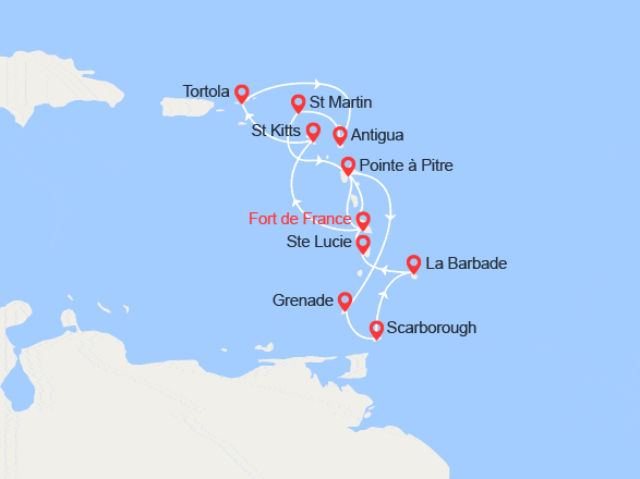 itinéraire croisière Caraïbes et Antilles : St Martin, Tortola, St Kitts, Tobago, Grenade...