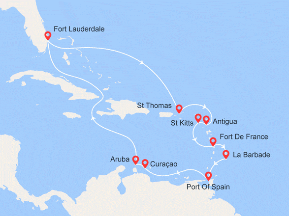 itinéraire croisière Caraïbes et Antilles : St Thomas, Antigua, Martinique, Barbade, Trinité, Aruba...