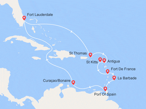 itinéraire croisière Caraïbes et Antilles : St Thomas, Martinique, Barbade, Curaçao, Bonaire...