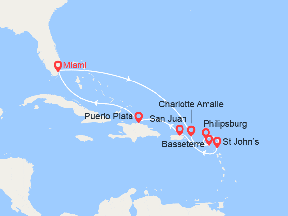 itinéraire croisière Caraïbes et Antilles : St Thomas, St Kitts, St Martin, Antigua, Porto Rico, Rép Dominicaine