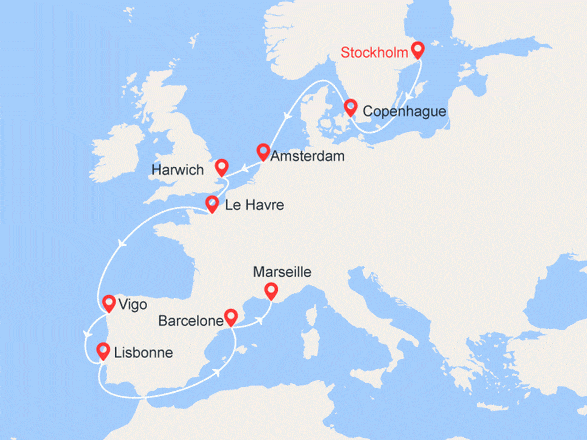 itinéraire croisière Europe du Nord : Suède, Danemark, Pays-Bas, Grande-Bretagne, France, Espagne, Portugal