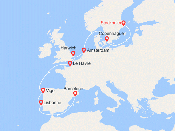itinéraire croisière Europe du Nord : Suède, Danemark, Pays-Bas, Grande-Bretagne, France, Espagne, Portugal