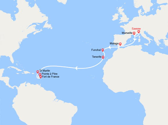 itinéraire croisière Transatlantique : Tansatlantique : de Savone à Pointe-à-Pitre
