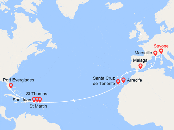 itinéraire croisière Transatlantique : TARIF EXCLUSIF ! Transatlantique vers les Caraïbes