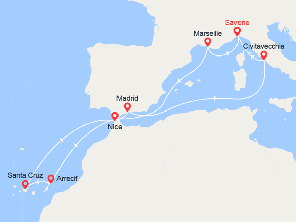 itinéraire croisière Canaries Madère : Terres du Soleil : Italie, France, Canaries, Maroc, Espagne