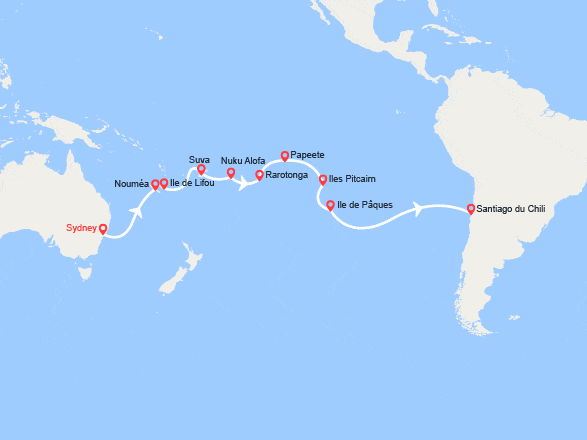 itinéraire croisière Pacifique : Tonçon du Tour du Monde : De Sydney à Santiago du Chili