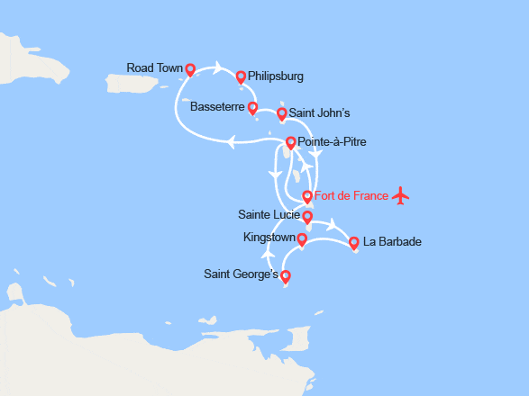 itinéraire croisière Caraïbes et Antilles : Tortola, St Kitts, Martinique, Guadeloupe, Ste Lucie, Barbade... - Vols inclus