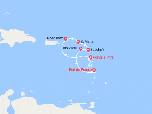 itinéraire croisière Caraïbes et Antilles : Tortola, St Martin, Antigua, St Kitts