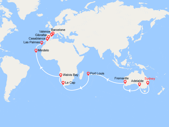itinéraire croisière Tour du Monde : Tour du monde : Tronçon de Sydney à Barcelone via le Cap de Bonne-Espérence