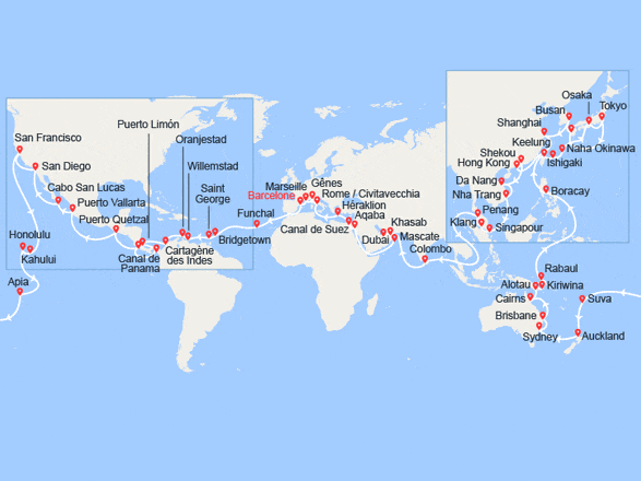 itinéraire croisière Tour du Monde : Tour du Monde 2021 - Départ Barcelone