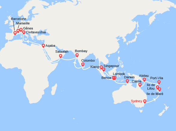 itinéraire croisière Tour du Monde : Tour du Monde 2023 : de Sydney à Barcelone