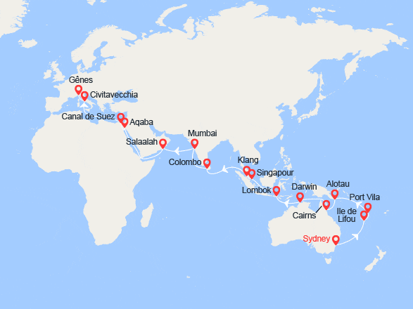 itinéraire croisière Tour du Monde : Tour du Monde 2023: de Sydney à Gênes