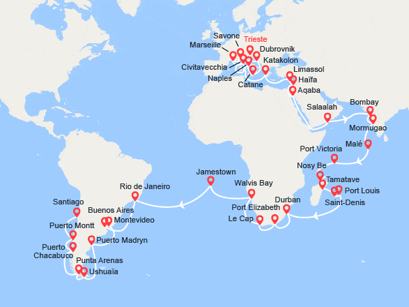 itinéraire croisière Tour du Monde : Tour du Monde 2023: de Trieste à Santiago du Chili