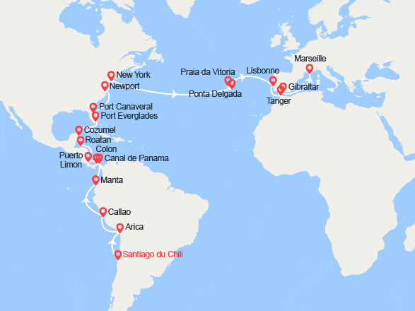 itinéraire croisière Tour du Monde : Tour du Monde 2023: du Chili à Marseille