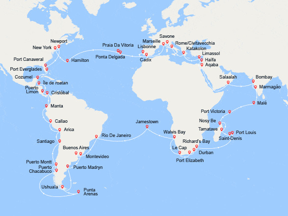 itinéraire croisière Tour du Monde : Tour du Monde 2023 au départ de Nice