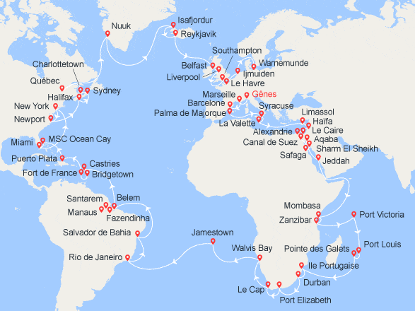 itinéraire croisière Tour du Monde : Tour du monde 2024 - Gênes à Warnemünde