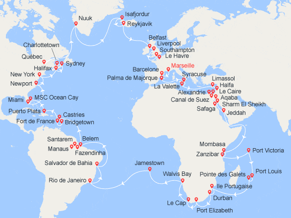 itinéraire croisière Tour du Monde : Tour du monde 2024 - Marseille au Havre