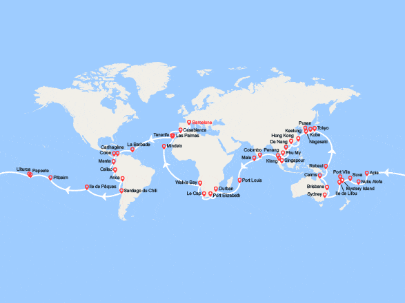 itinéraire croisière Tour du Monde : Tour du Monde 2026 au départ de Barcelone