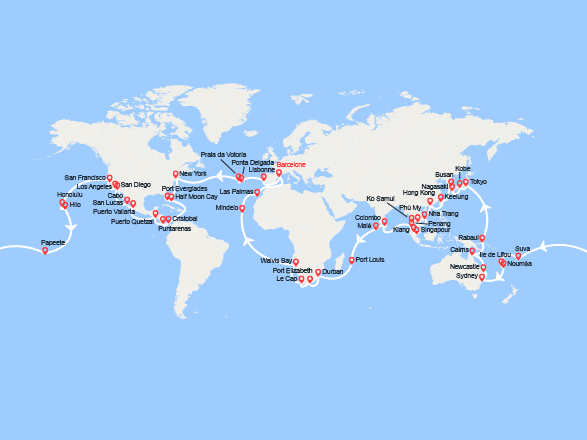 itinéraire croisière Tour du Monde : Tour du Monde 2027 au départ de Barcelone