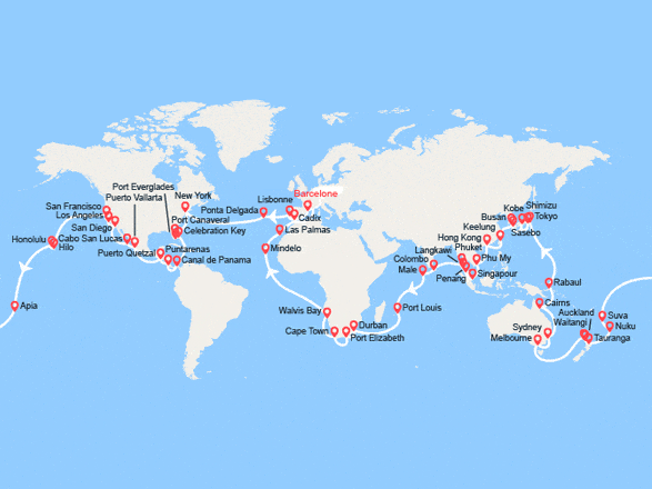 itin&eacute;raire croisi&egrave;re Tour du Monde : Tour du Monde 2028 au départ de Barcelone 