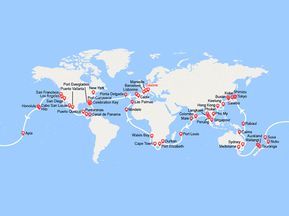 itin&eacute;raire croisi&egrave;re Tour du Monde : Tour du Monde 2028 au départ de Savone 