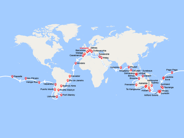 itin&eacute;raire croisi&egrave;re Tour du Monde : Tour du Monde 2029  au départ de Marseille 