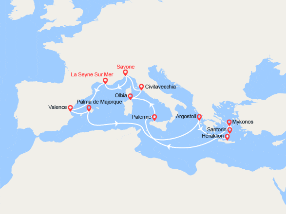 itinéraire croisière Méditerranée Occidentale : Toute la Méditerranée : Espagne, Baléares, Grèce, Italie
