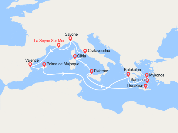 itinéraire croisière Méditerranée Occidentale : Toute la Méditerranée : Majorque, Iles grecques, Sicile, Sardaigne...