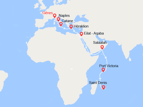 itinéraire croisière Océan Indien : Toutes les nuances de la mer : Italie, Grèce, Israël, Jordanie, Seychelles et La Réunion