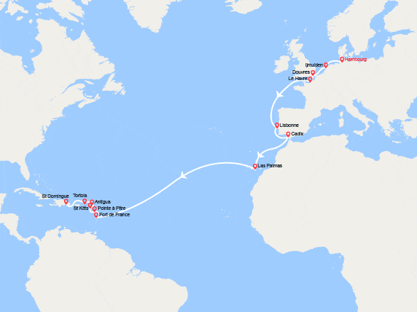 itinéraire croisière Transatlantique : Transatlantique : Allemagne, Grande-Bretagne, France, Portugal, Espagne, Canaries, Antilles, Iles Vierges, Rép Dominicaine 