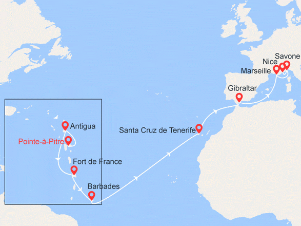 itinéraire croisière Transatlantique : Transatlantique : Antilles, Canaries, Gibraltar, France, Italie
