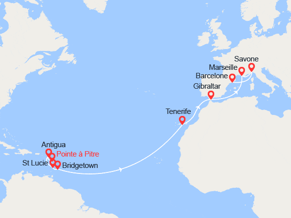 itinéraire croisière Transatlantique : Transatlantique : Antilles, Canaries, Gibraltar, France, Italie, Espagne