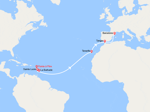 itinéraire croisière Transatlantique : Transatlantique : Antilles, Canaries, Maroc, Espagne