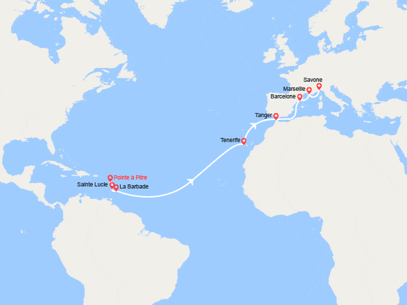 itinéraire croisière Transatlantique : Transatlantique : Antilles, Canaries, Maroc, Espagne, France, Italie