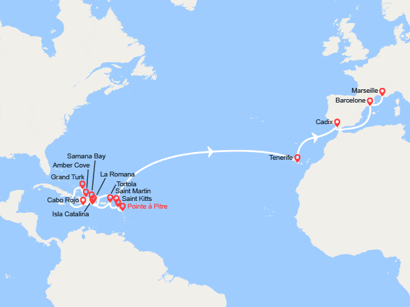 itinéraire croisière Transatlantique : Transatlantique : Antilles, îles Vierges, Rép. Dominicaine, îles Turks et Caïques, Canaries, Espagne, France 