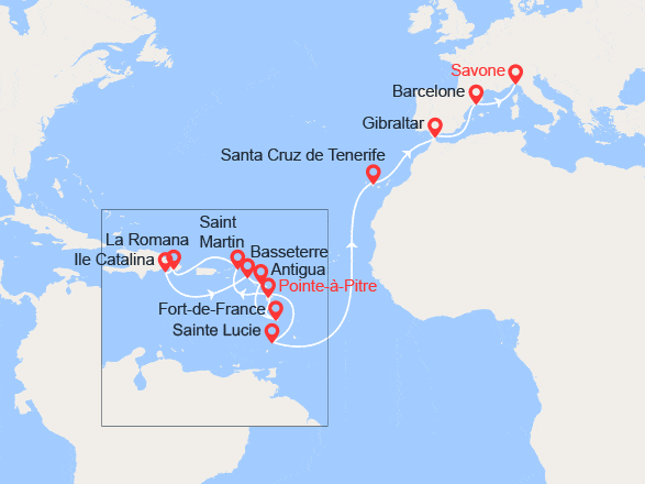 itinéraire croisière Transatlantique : Transatlantique : Antilles, République Dominicaine, Canaries, Gibraltar, Espagne, Italie