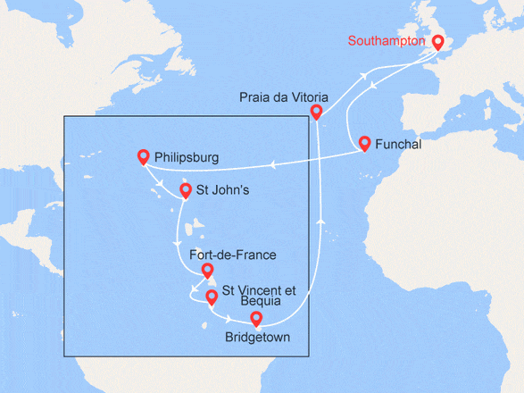 itinéraire croisière Transatlantique : Transatlantique & Caraibes : Madère, St Martin, Antigua, Martinique, Azores...