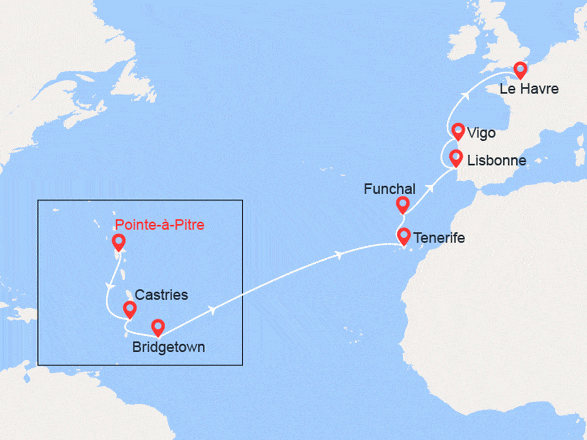 itinéraire croisière Transatlantique : Transatlantique : Caraïbes, Madère, Portugal, France...