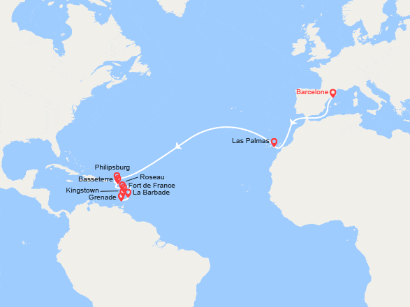 itin&eacute;raire croisi&egrave;re Transatlantique : Transatlantique : de Barcelone à la Martinique 
